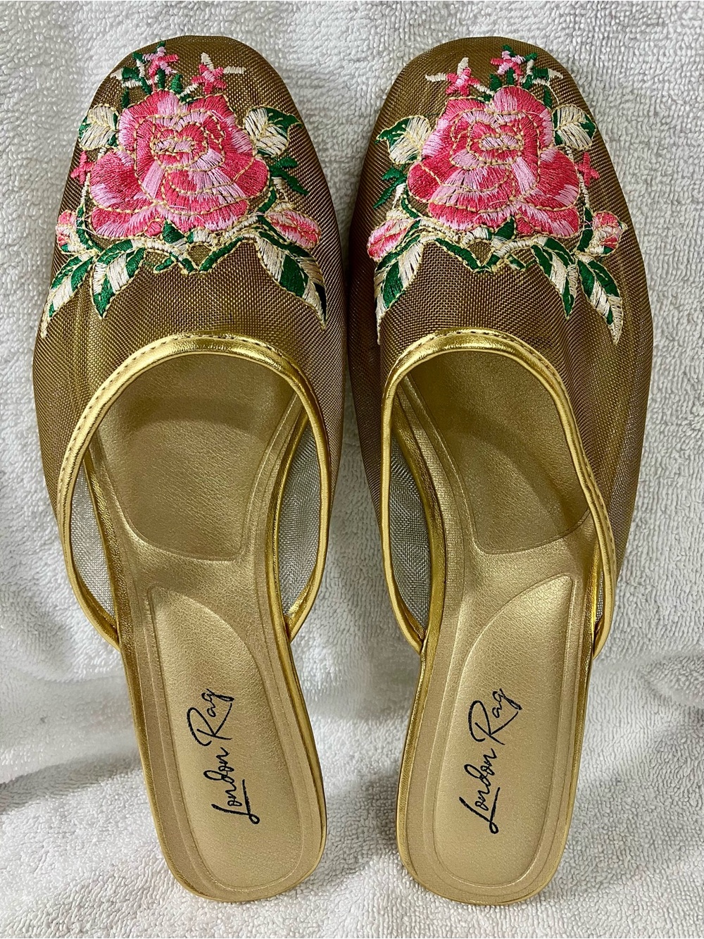 Luxurious Gold Floral Embroidered Slip-On Flats by London Rag.